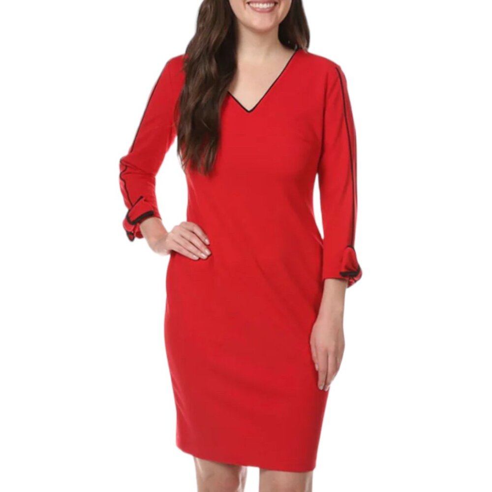Calvin Klein Red V-Neck Sheath Dress with Black Trim